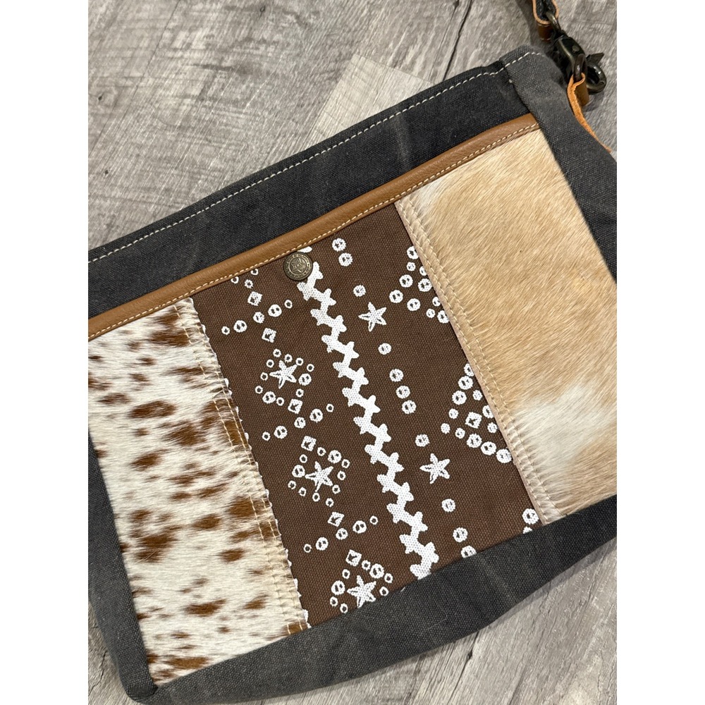 Western Cowhide Patchwork Shoulder Bag Crossbody Tan‎ Brown Canvas Zipper Pouch